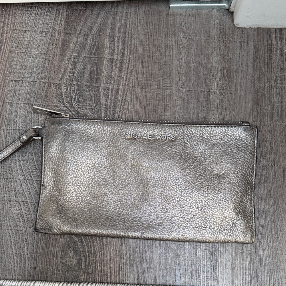 Michael Kors Metallic Pewter Leather Wristlet Clutch